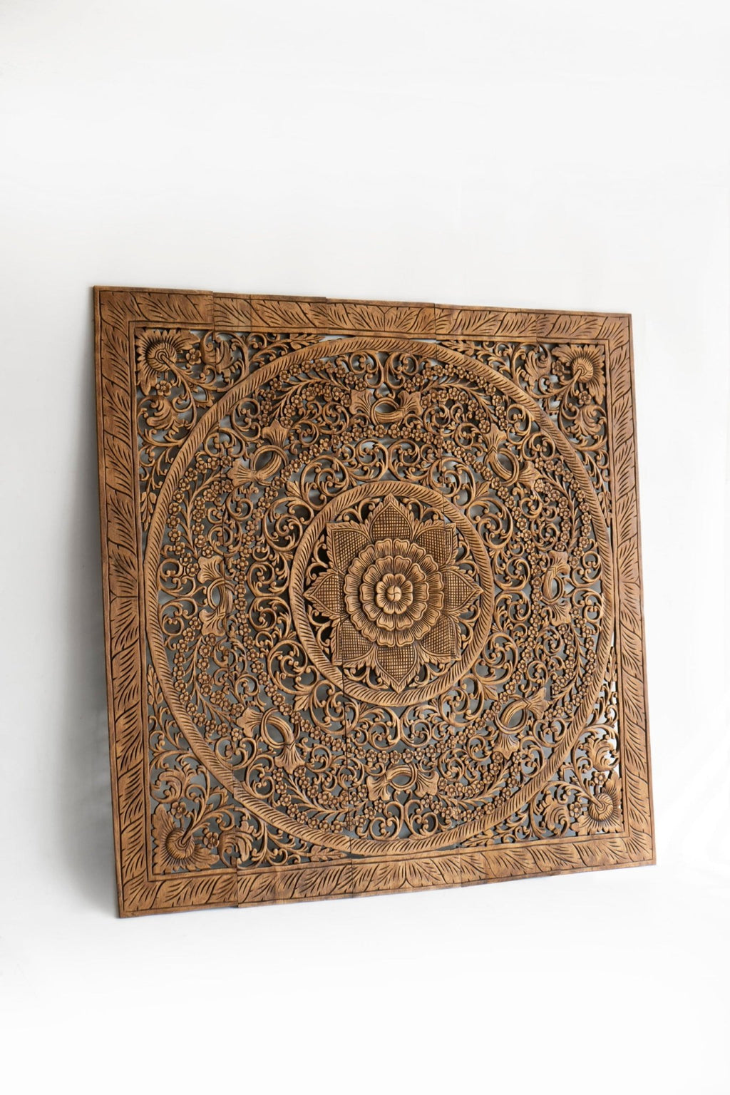 Antique Hand Carved Mango Wood Headboard – Ornate Floral Mandala Wall Panel, Natural Finish - DOBRI ARTS AU