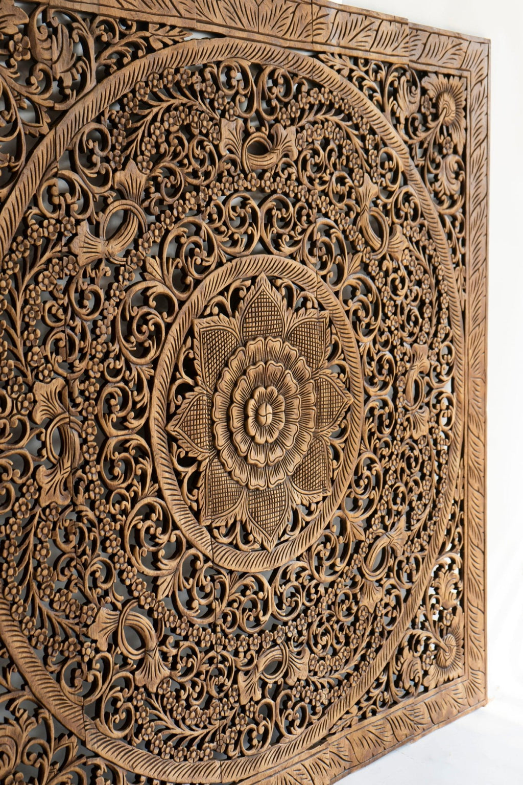 Antique Hand Carved Mango Wood Headboard – Ornate Floral Mandala Wall Panel, Natural Finish - DOBRI ARTS AU