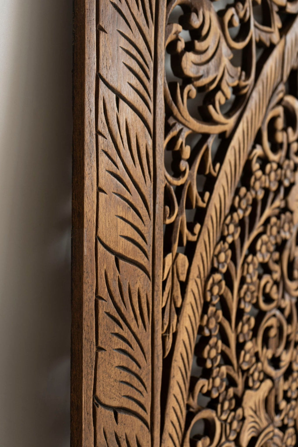 Antique Hand Carved Mango Wood Headboard – Ornate Floral Mandala Wall Panel, Natural Finish - DOBRI ARTS AU