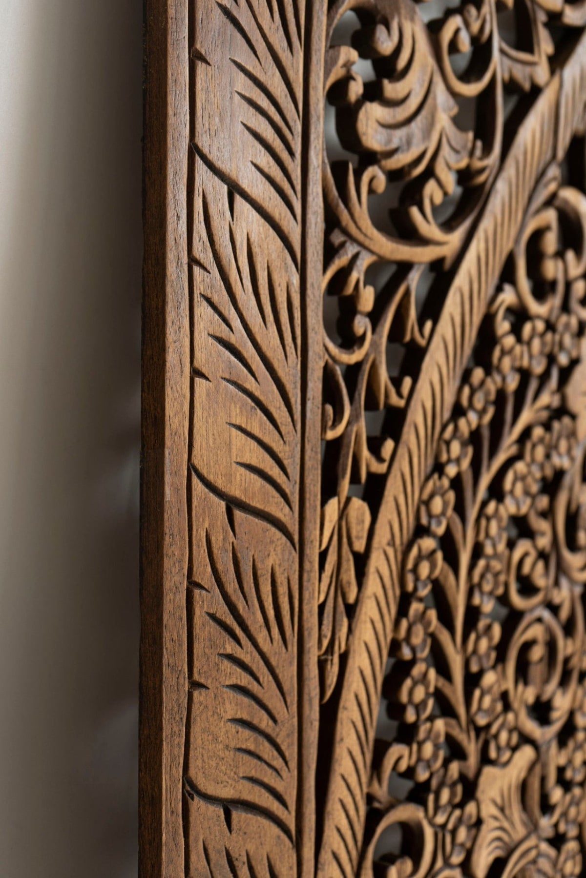Antique Hand Carved Mango Wood Headboard – Ornate Floral Mandala Wall Panel, Natural Finish - DOBRI ARTS AU