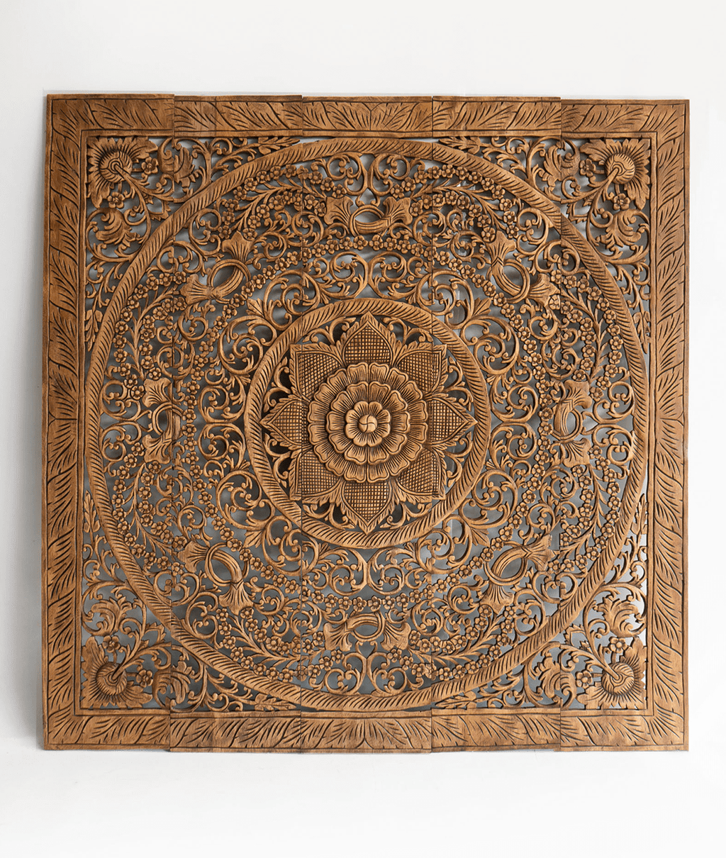 Antique Hand Carved Mango Wood Headboard – Ornate Floral Mandala Wall Panel, Natural Finish - DOBRI ARTS AU