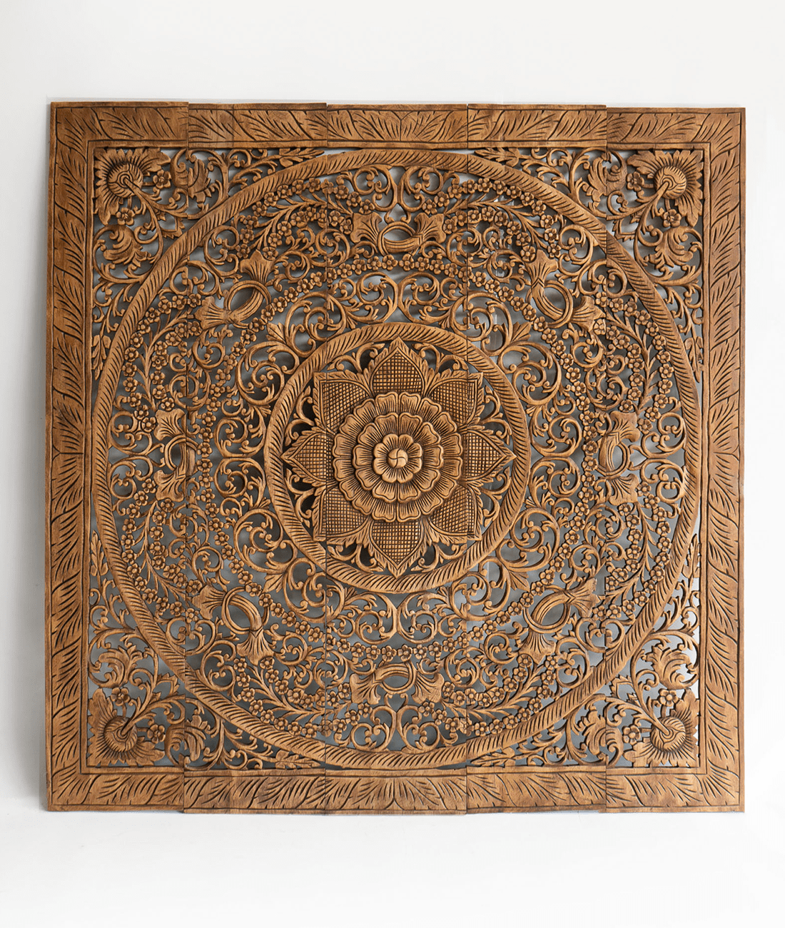 Antique Hand Carved Mango Wood Headboard – Ornate Floral Mandala Wall Panel, Natural Finish - DOBRI ARTS AU