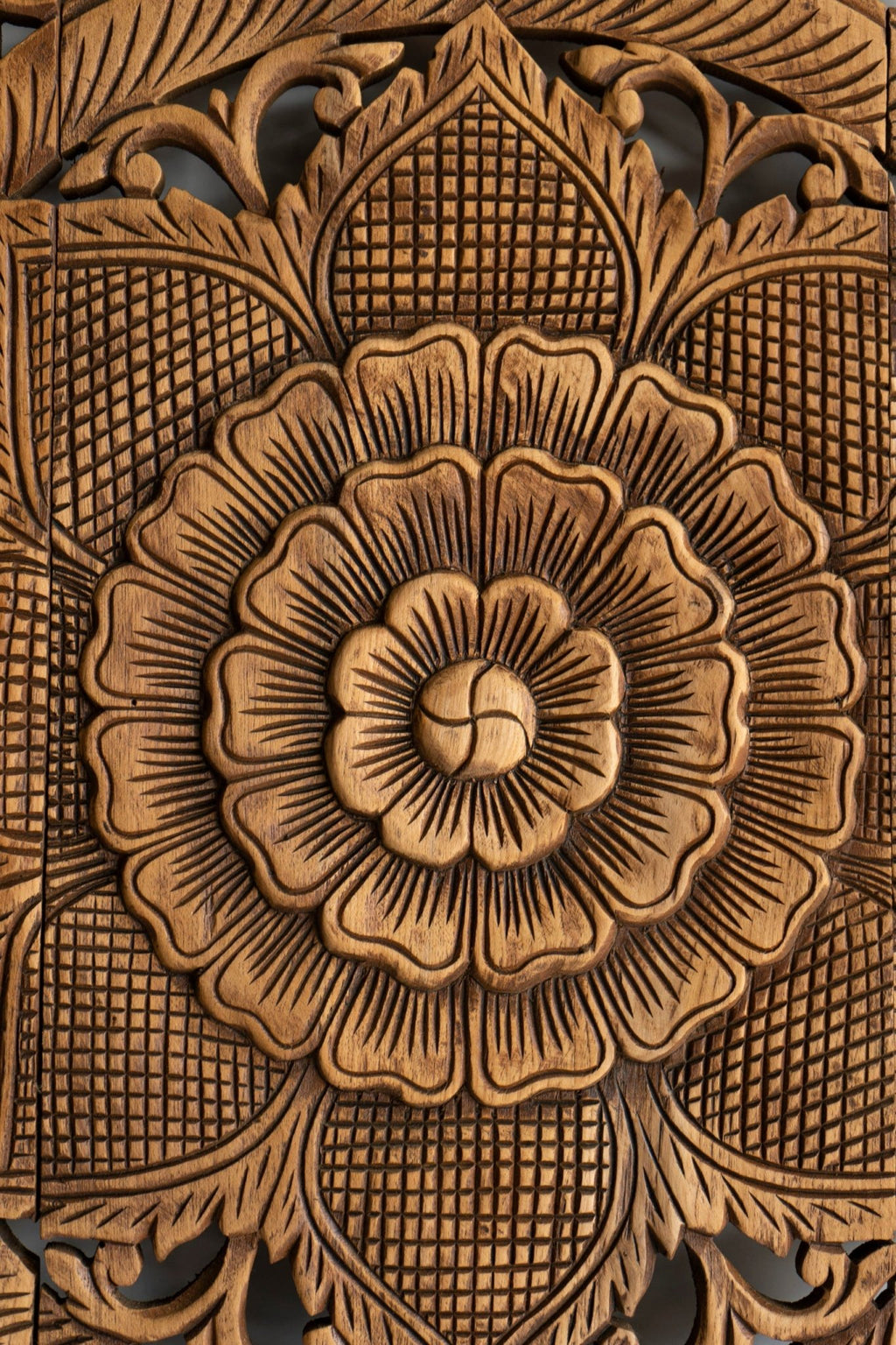 Antique Hand Carved Mango Wood Headboard – Ornate Floral Mandala Wall Panel, Natural Finish - DOBRI ARTS AU