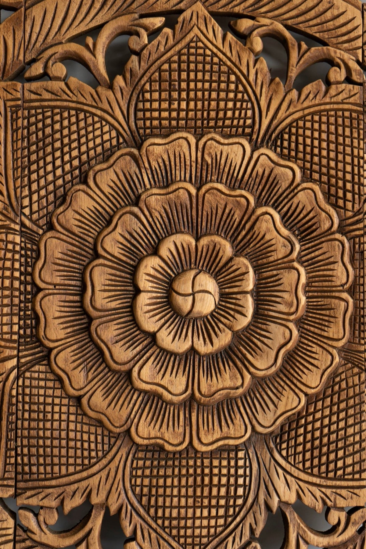 Antique Hand Carved Mango Wood Headboard – Ornate Floral Mandala Wall Panel, Natural Finish - DOBRI ARTS AU