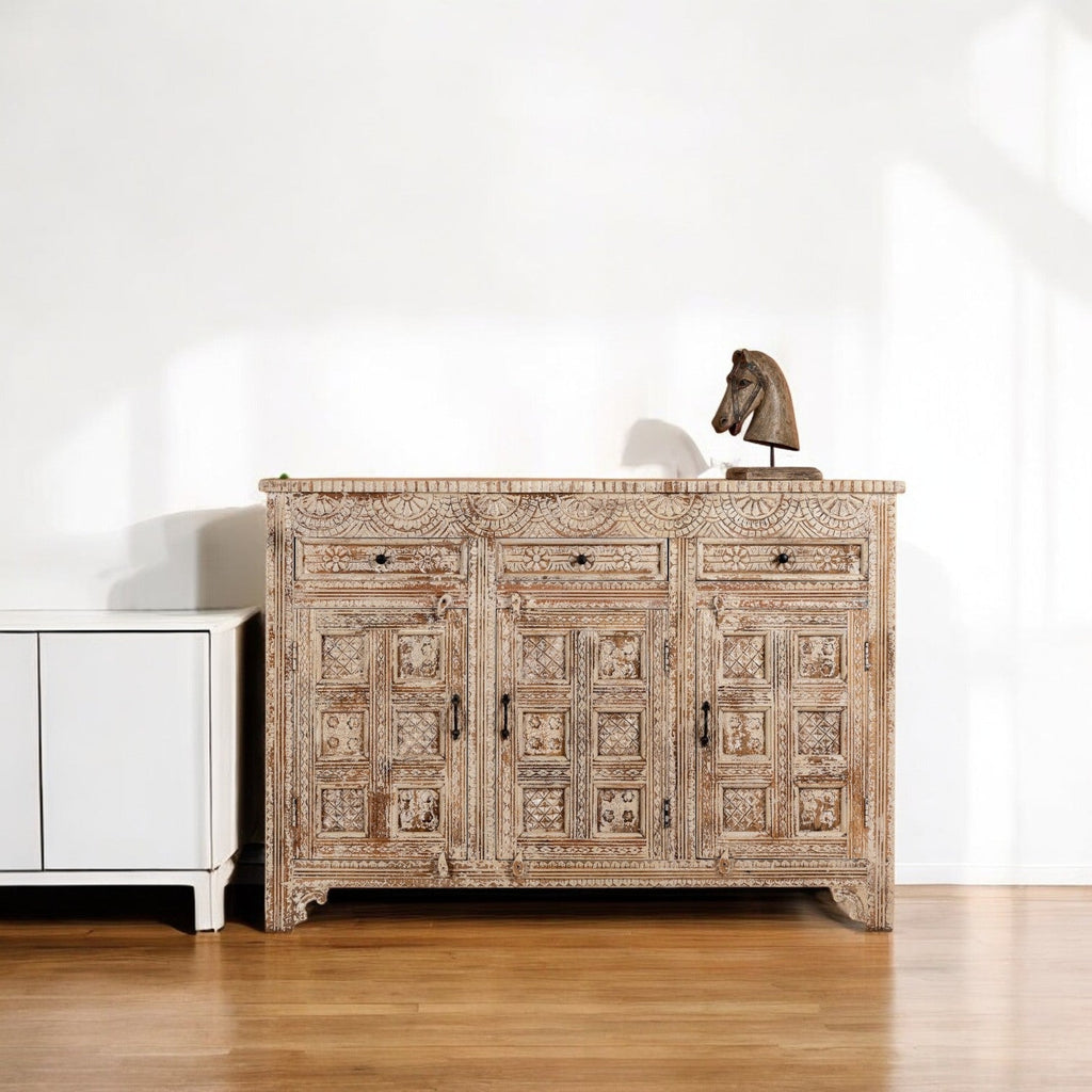 Antique-Style Hand-Carved Solid Wood Sideboard with Distressed White Finish - DOBRI ARTS AU