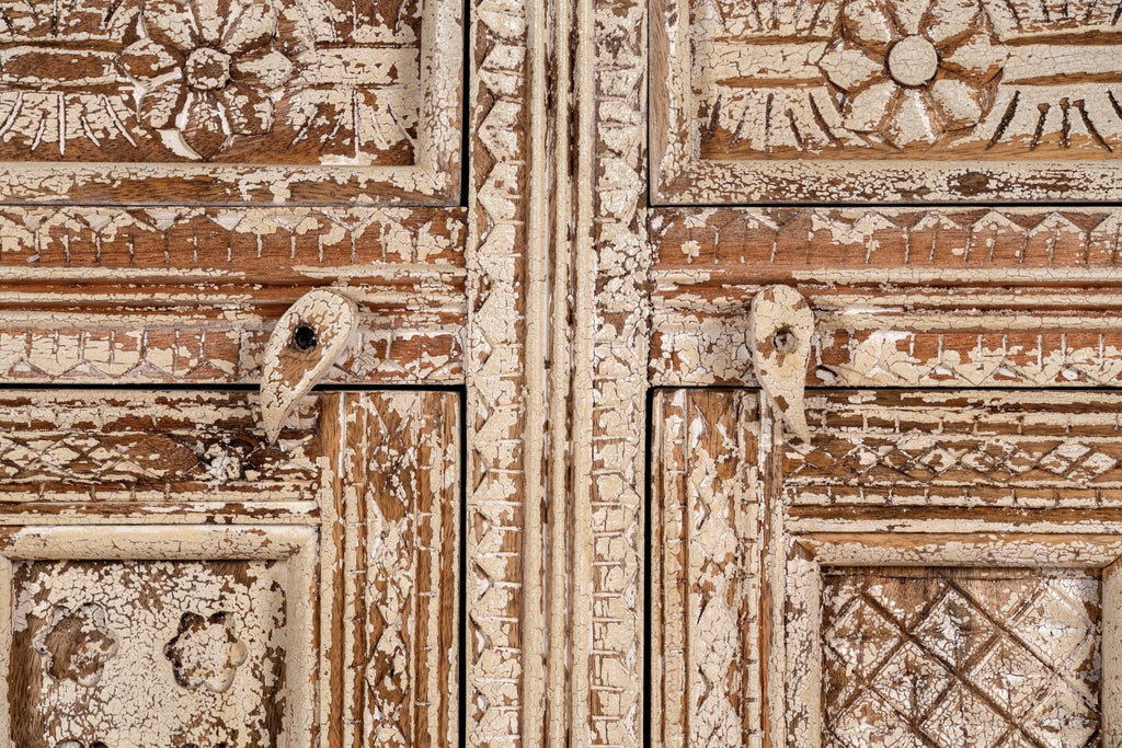 Antique-Style Hand-Carved Solid Wood Sideboard with Distressed White Finish - DOBRI ARTS AU