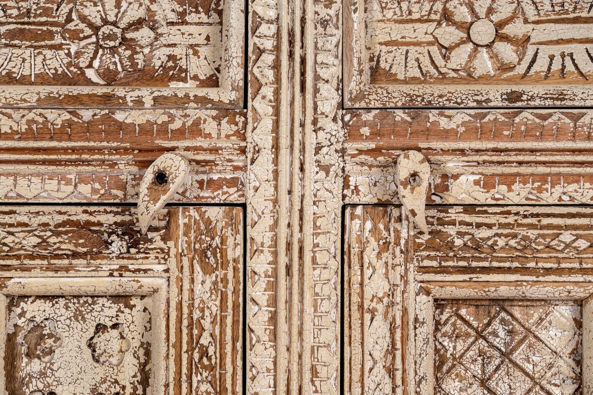 Antique-Style Hand-Carved Solid Wood Sideboard with Distressed White Finish - DOBRI ARTS AU