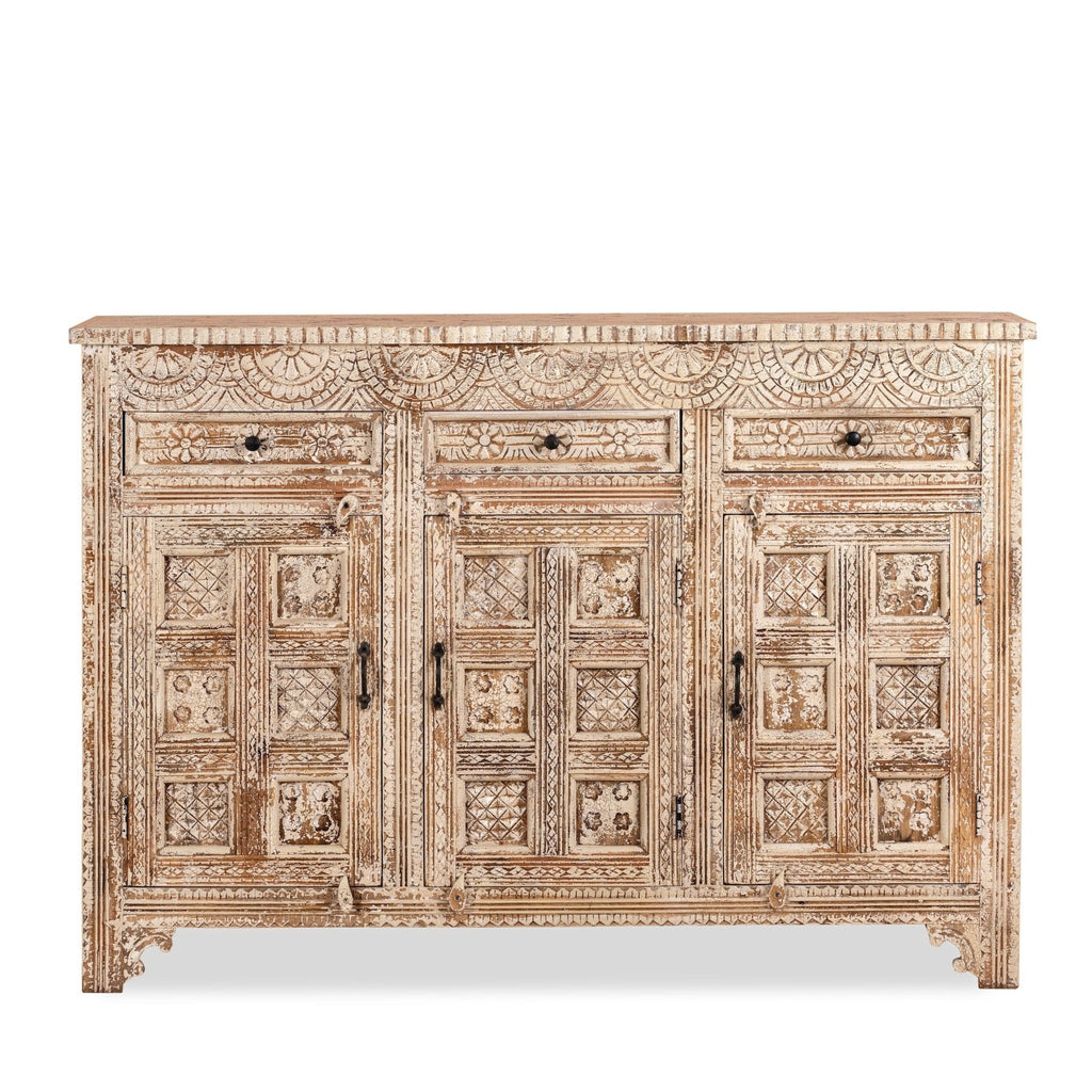 Antique-Style Hand-Carved Solid Wood Sideboard with Distressed White Finish - DOBRI ARTS AU