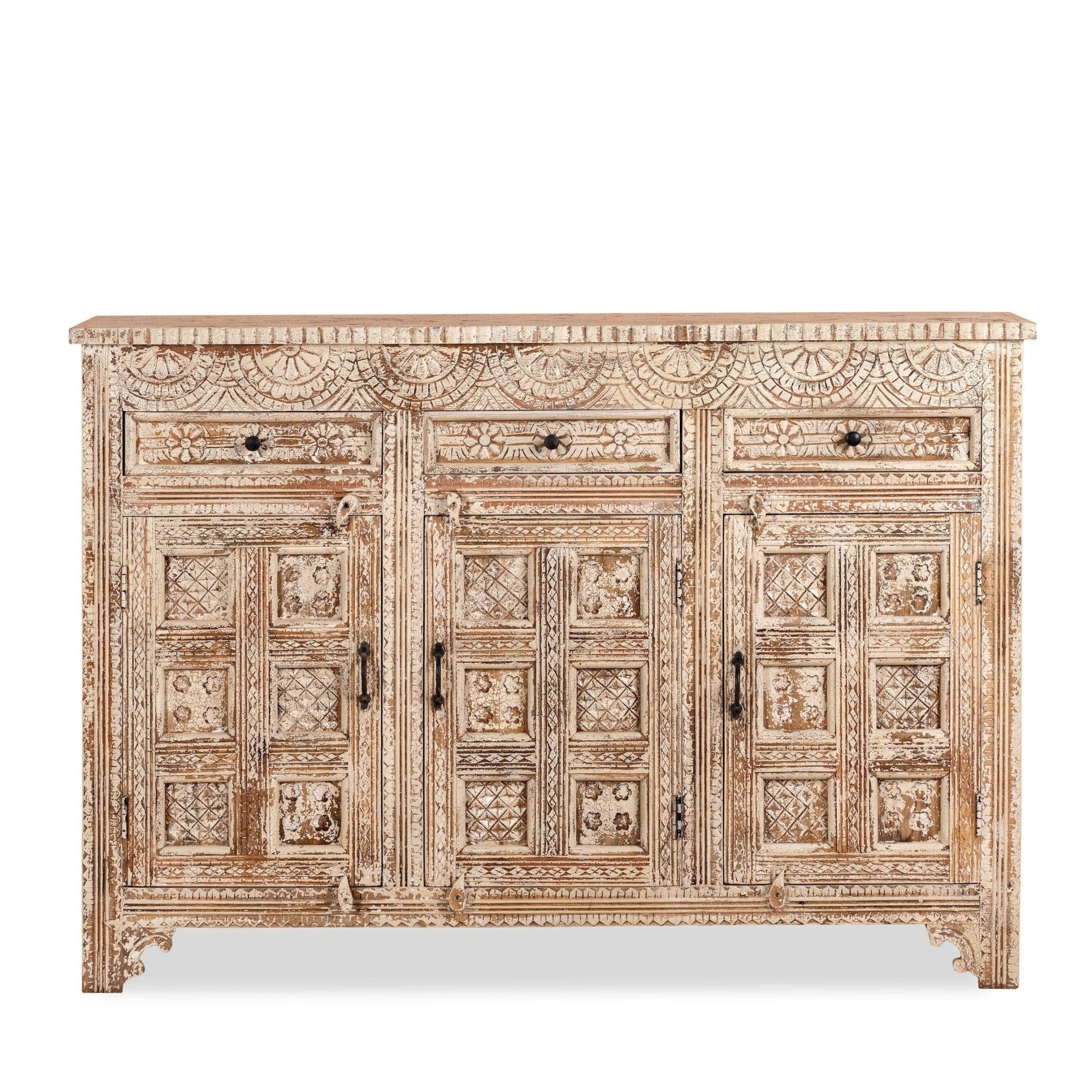 Antique-Style Hand-Carved Solid Wood Sideboard with Distressed White Finish - DOBRI ARTS AU