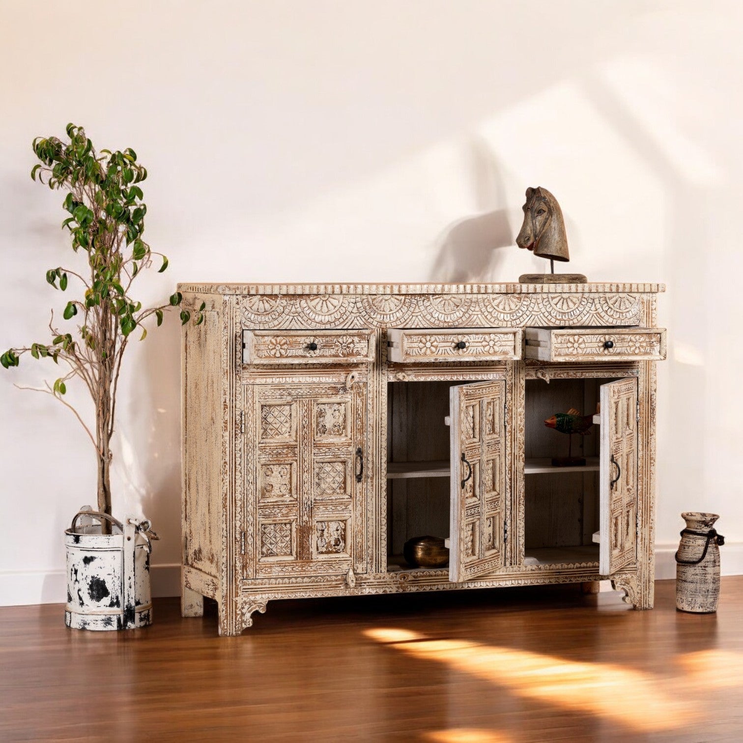 Antique-Style Hand-Carved Solid Wood Sideboard with Distressed White Finish - DOBRI ARTS AU