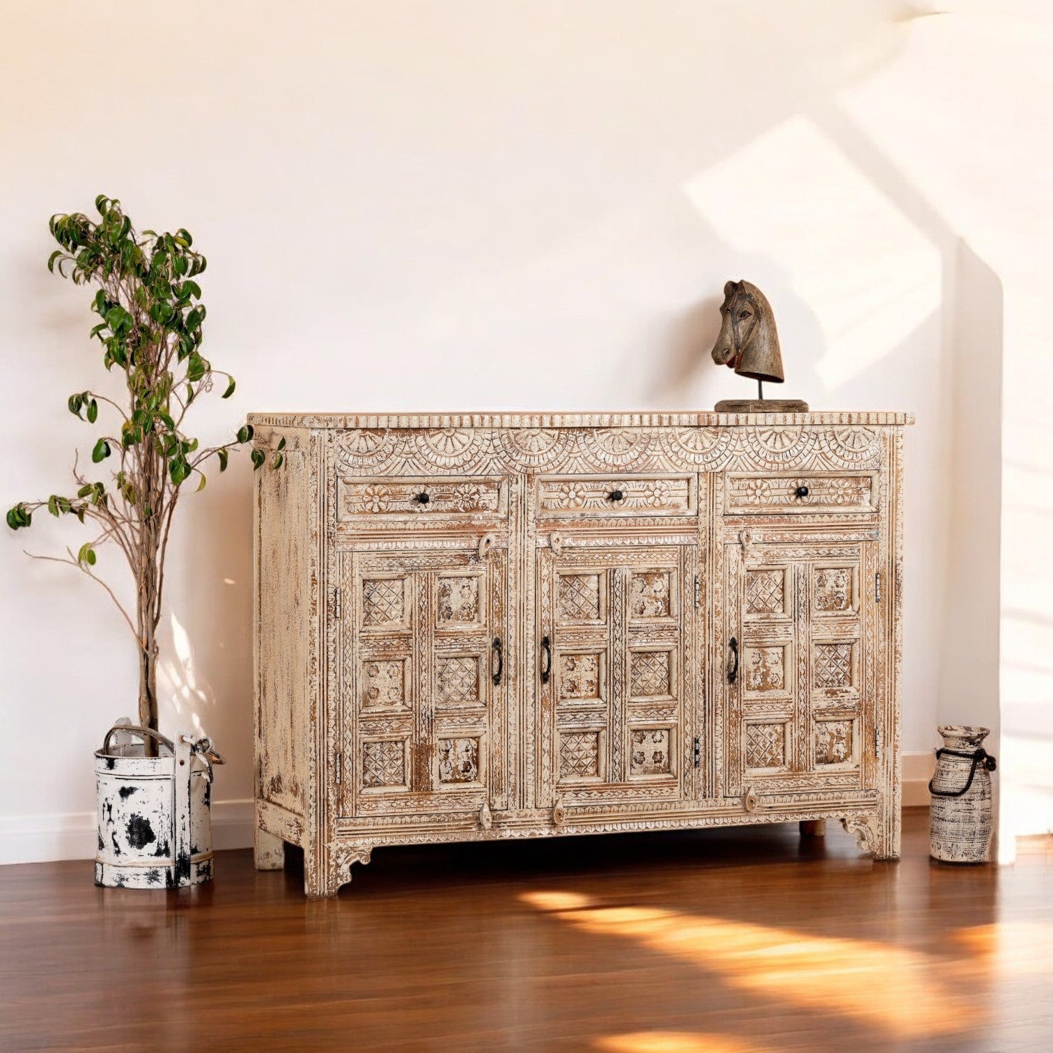 Antique-Style Hand-Carved Solid Wood Sideboard with Distressed White Finish - DOBRI ARTS AU