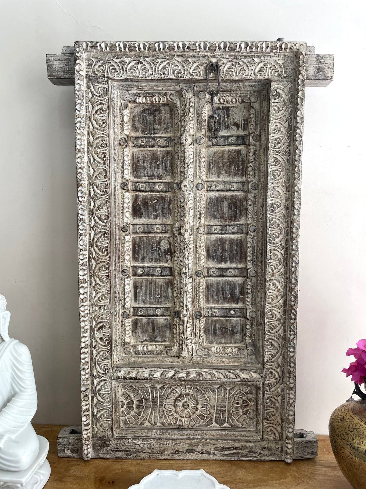 Antique-Style Hand-Carved Wooden Door Panel with Distressed Finish - DOBRI ARTS AU