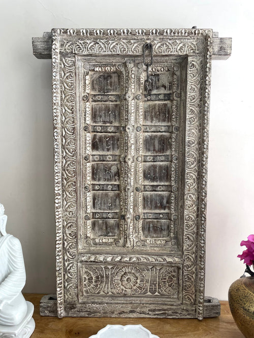 Antique-Style Hand-Carved Wooden Door Panel with Distressed Finish - DOBRI ARTS AU