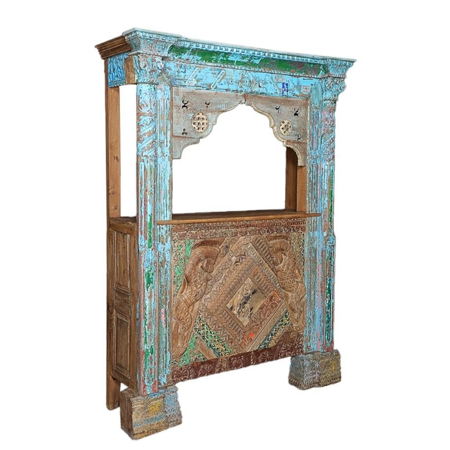 Antique-Style Handcarved Arch Console with Distressed Blue Patina - DOBRI ARTS AU