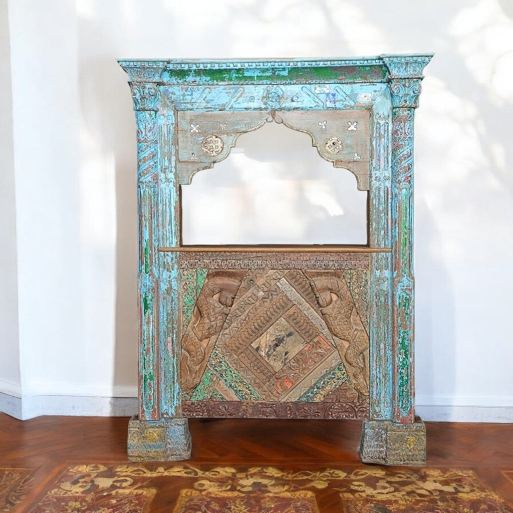 Antique-Style Handcarved Arch Console with Distressed Blue Patina - DOBRI ARTS AU