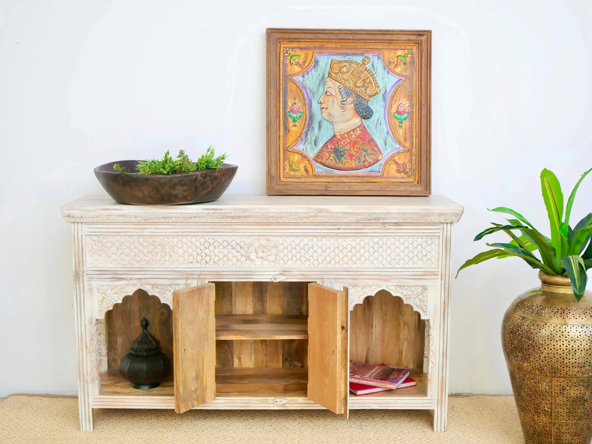 Arabica White Washed Carved Arch Console Cabinet - DOBRI ARTS AU