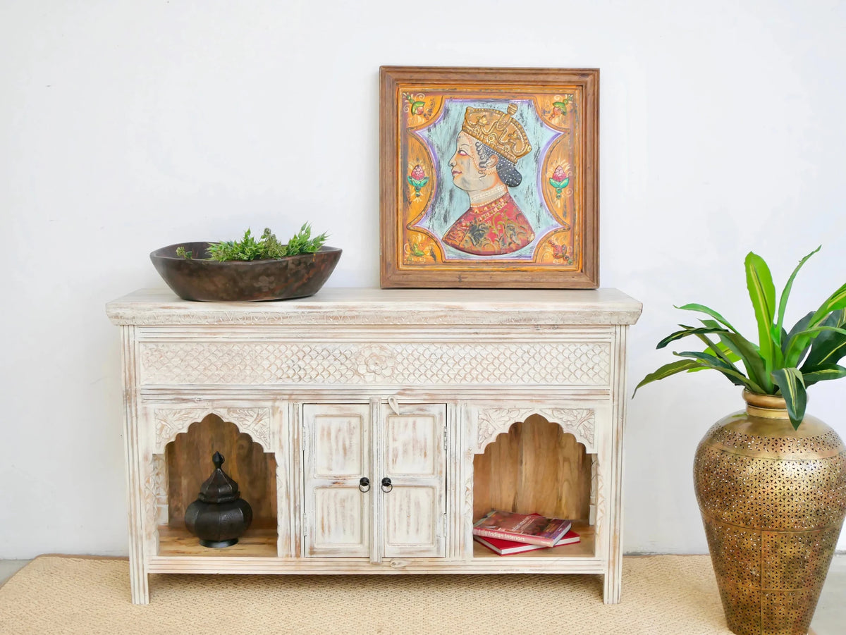Arabica White Washed Carved Arch Console Cabinet - DOBRI ARTS AU