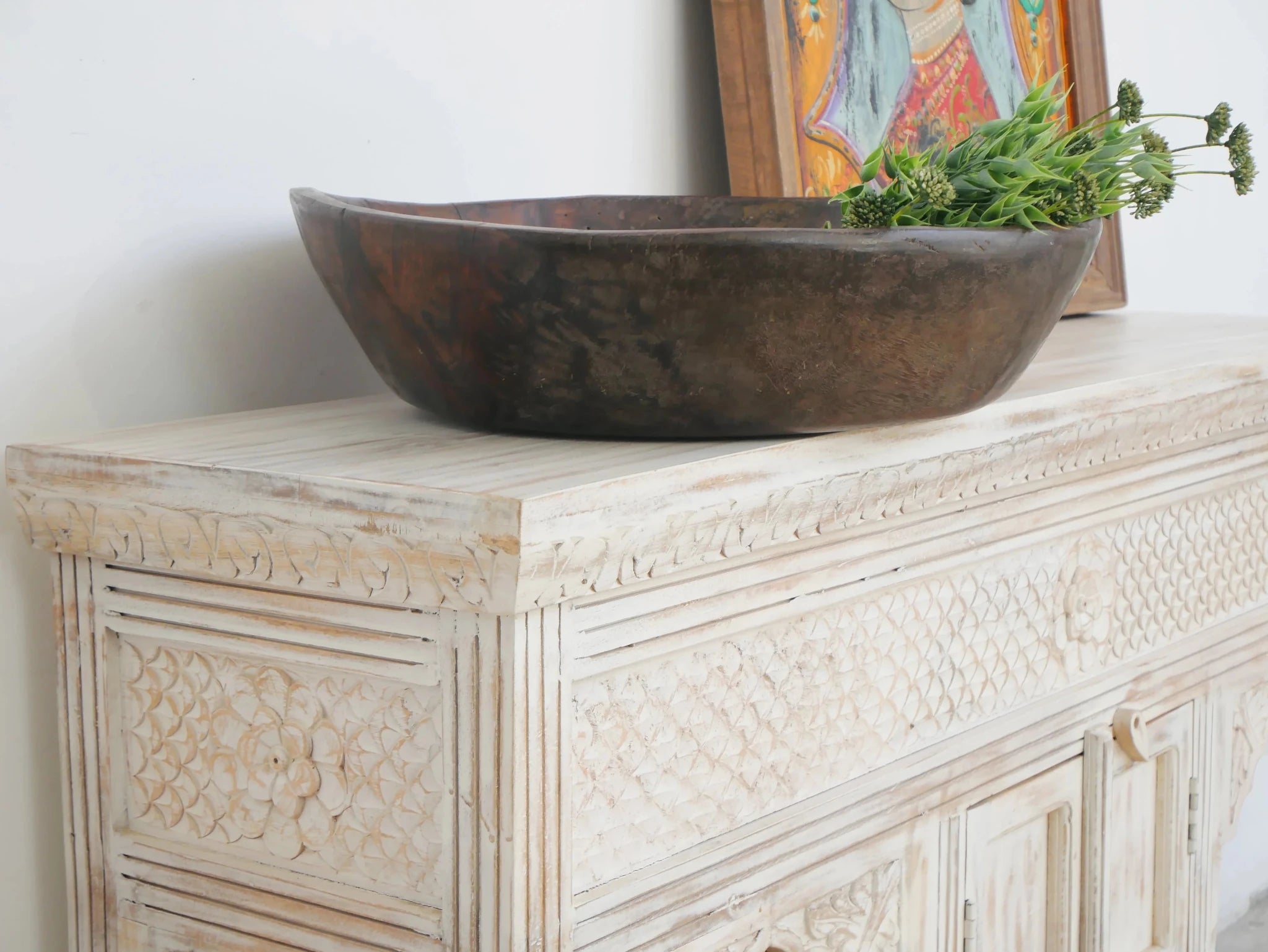 Arabica White Washed Carved Arch Console Cabinet - DOBRI ARTS AU