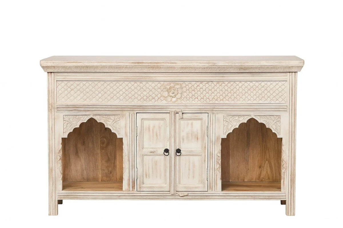 Arabica White Washed Carved Arch Console Cabinet - DOBRI ARTS AU