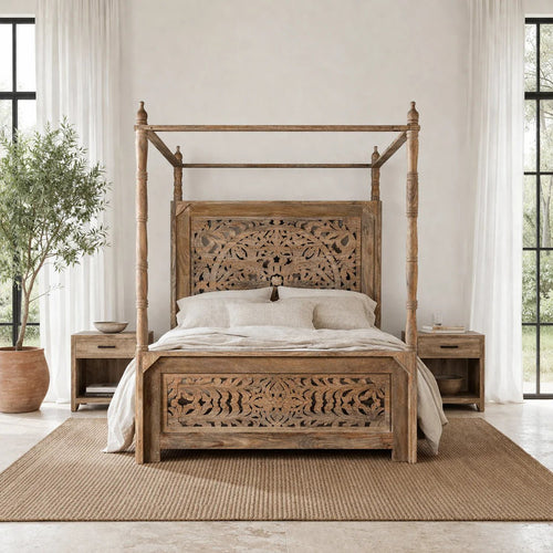 Aranya Canopy Carved Four-Poster Bed (King Size) - DOBRI ARTS AU