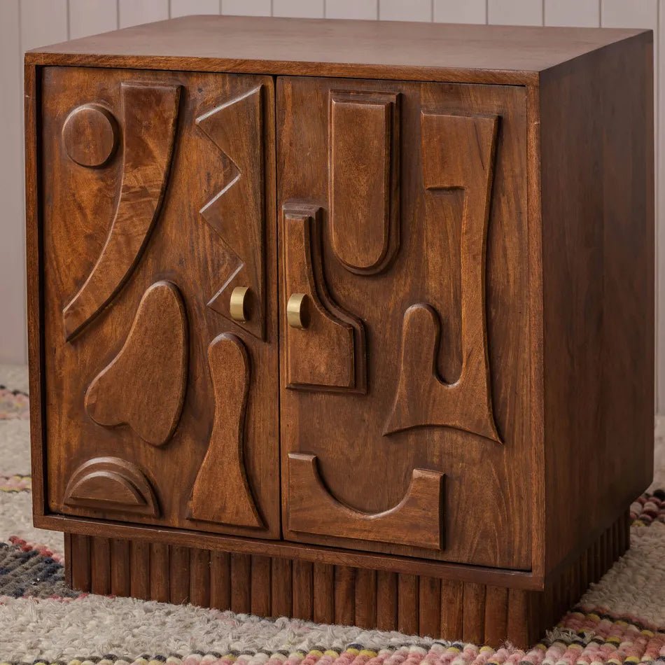 Aranya Dark Golden Mango Wood Bedside Cabinet – Hand-Carved Solid Wood Nightstand with 2 Doors & Sculptural Panel Design - DOBRI ARTS AU