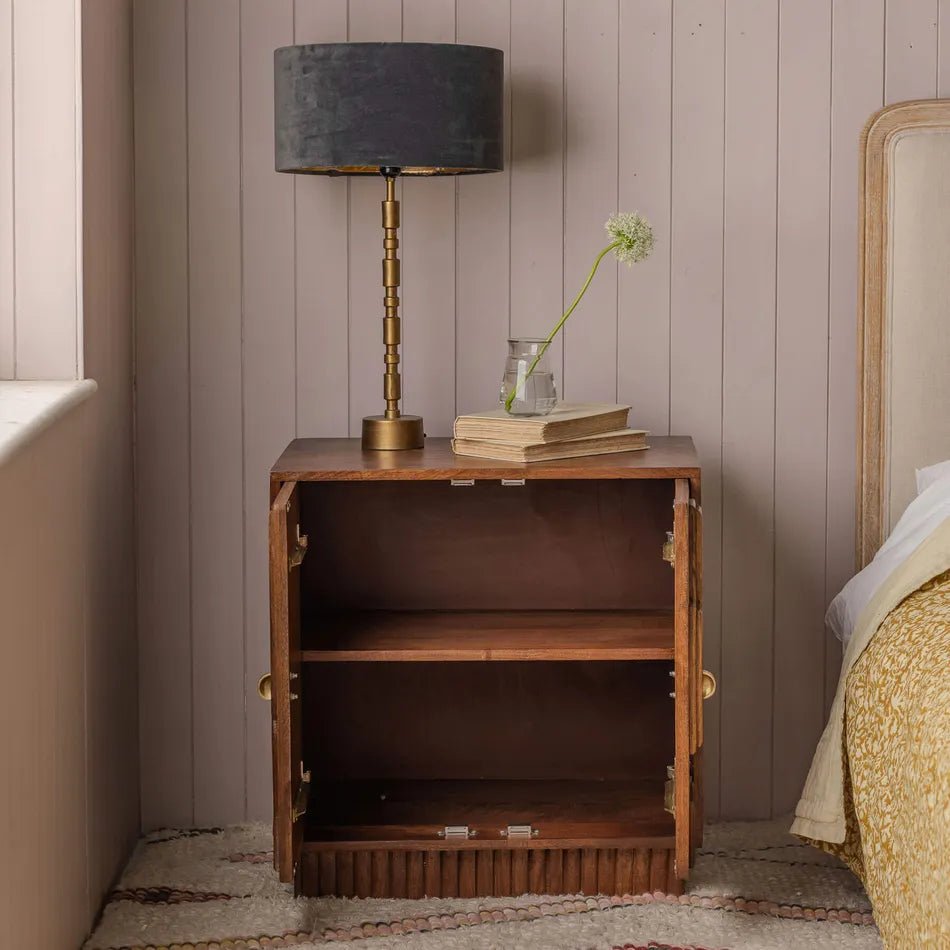 Aranya Dark Golden Mango Wood Bedside Cabinet – Hand-Carved Solid Wood Nightstand with 2 Doors & Sculptural Panel Design - DOBRI ARTS AU