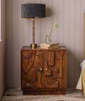 Aranya Dark Golden Mango Wood Bedside Cabinet – Hand-Carved Solid Wood Nightstand with 2 Doors & Sculptural Panel Design - DOBRI ARTS AU