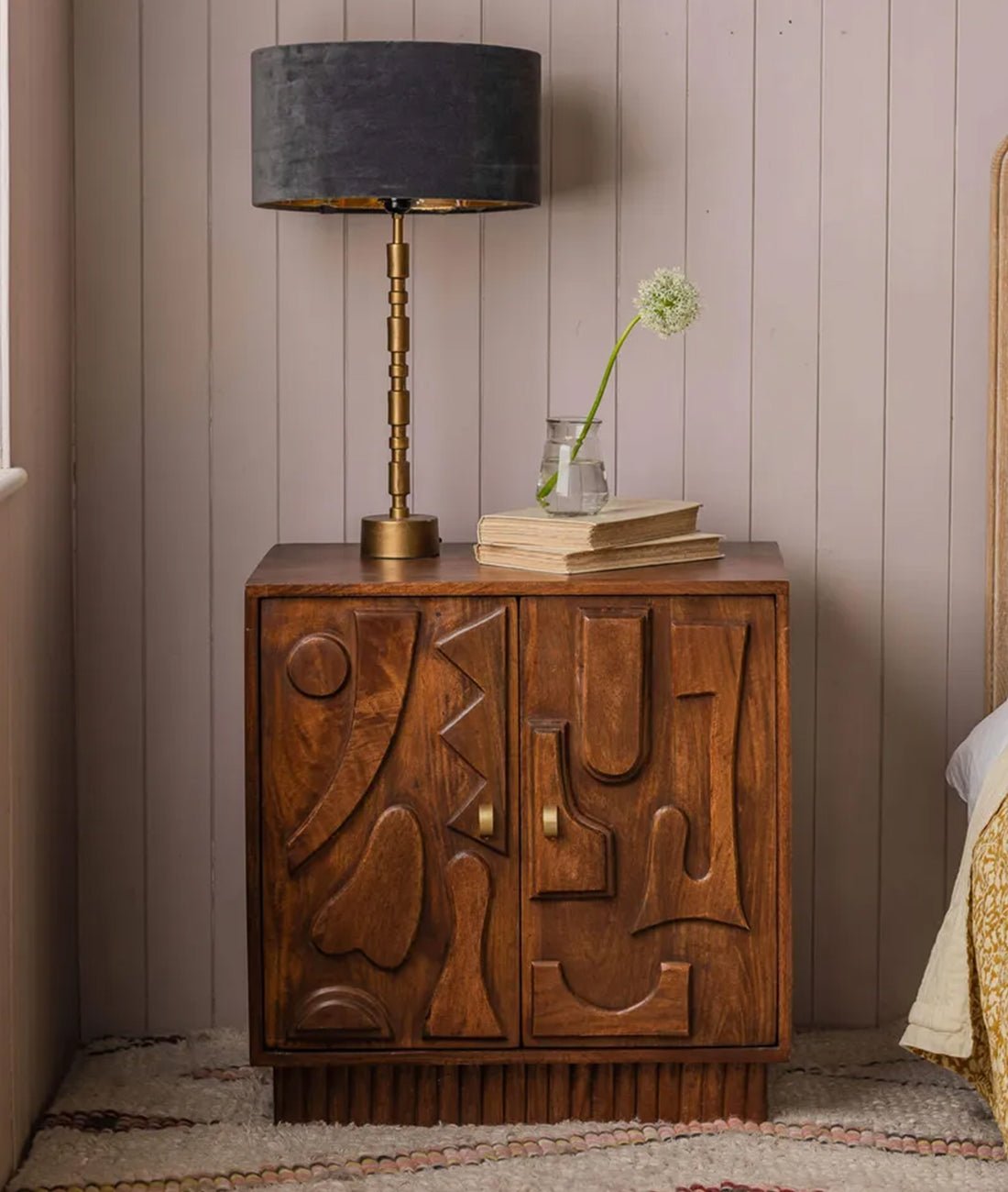 Aranya Dark Golden Mango Wood Bedside Cabinet – Hand-Carved Solid Wood Nightstand with 2 Doors & Sculptural Panel Design - DOBRI ARTS AU