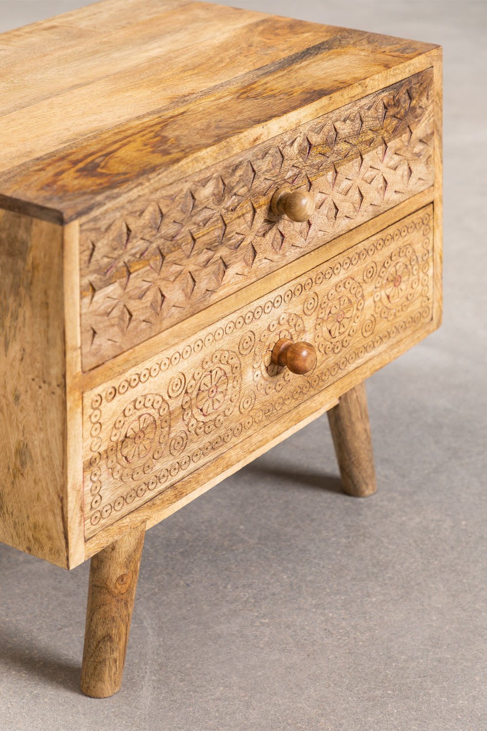 Aranya Hand-Carved Mango Wood Bedside Table – 2 Drawer Boho Nightstand with Geometric & Floral Carved Detailing - DOBRI ARTS AU