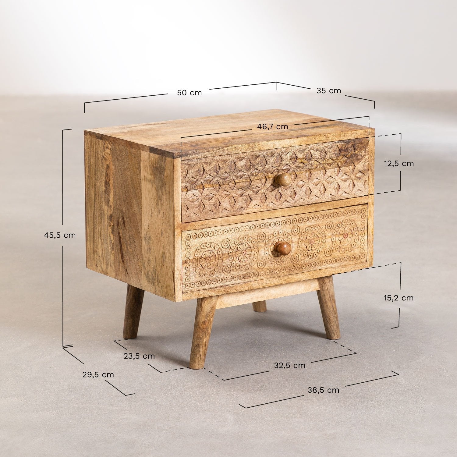 Aranya Hand-Carved Mango Wood Bedside Table – 2 Drawer Boho Nightstand with Geometric & Floral Carved Detailing - DOBRI ARTS AU