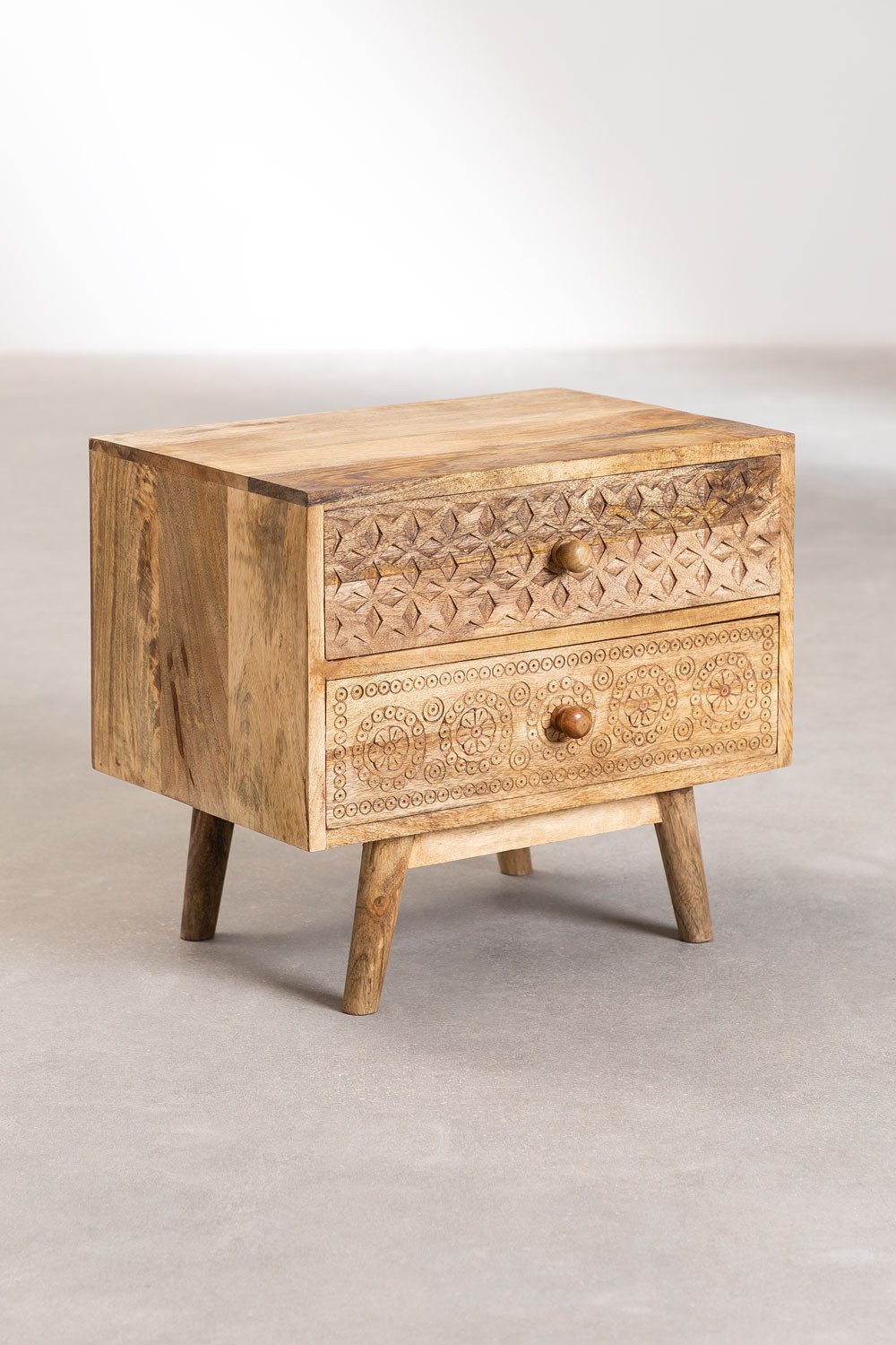 Aranya Hand-Carved Mango Wood Bedside Table – 2 Drawer Boho Nightstand with Geometric & Floral Carved Detailing - DOBRI ARTS AU
