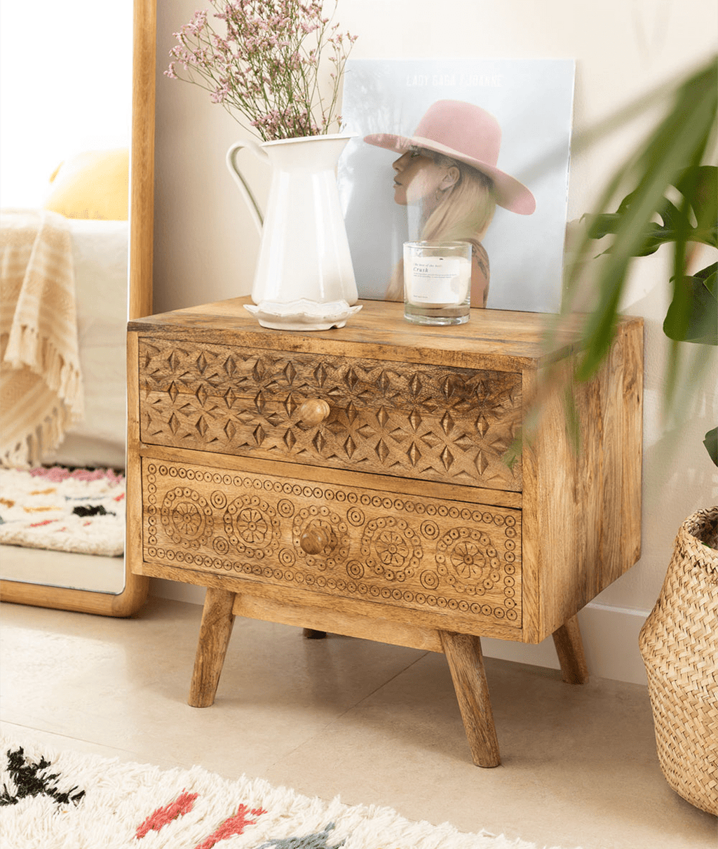 Aranya Hand-Carved Mango Wood Bedside Table – 2 Drawer Boho Nightstand with Geometric & Floral Carved Detailing - DOBRI ARTS AU