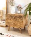 Aranya Hand-Carved Mango Wood Bedside Table – 2 Drawer Boho Nightstand with Geometric & Floral Carved Detailing - DOBRI ARTS AU