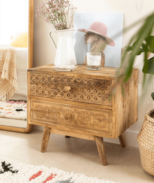 Aranya Hand-Carved Mango Wood Bedside Table – 2 Drawer Boho Nightstand with Geometric & Floral Carved Detailing - DOBRI ARTS AU