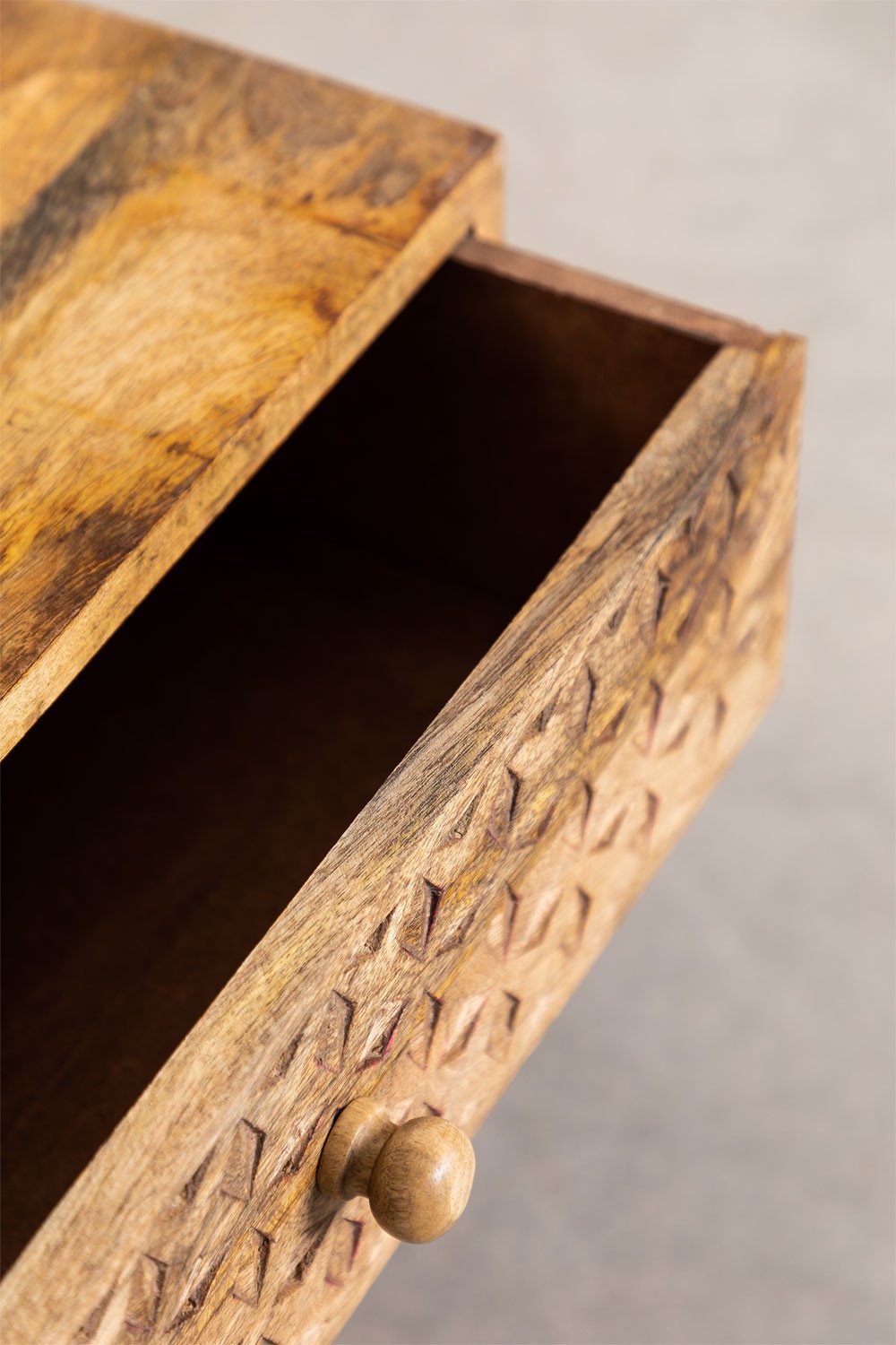 Aranya Hand-Carved Mango Wood Bedside Table – 2 Drawer Boho Nightstand with Geometric & Floral Carved Detailing - DOBRI ARTS AU