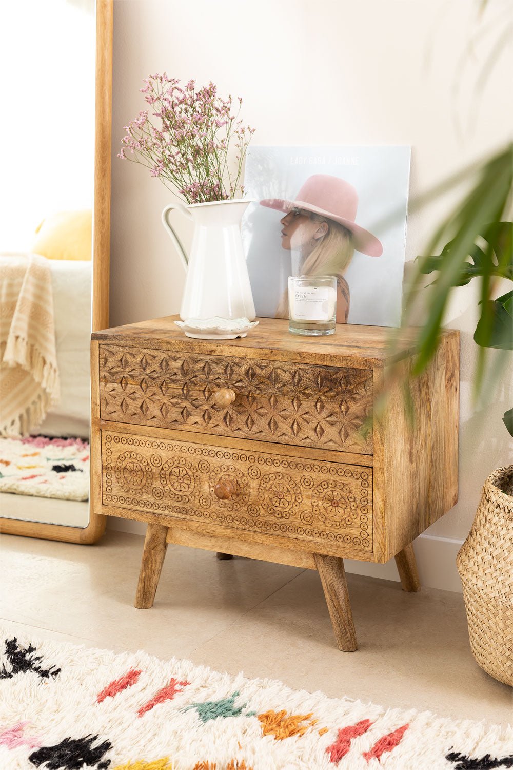 Aranya Hand-Carved Mango Wood Bedside Table – 2 Drawer Boho Nightstand with Geometric & Floral Carved Detailing - DOBRI ARTS AU