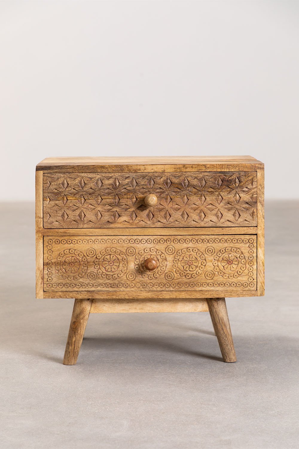 Aranya Hand-Carved Mango Wood Bedside Table – 2 Drawer Boho Nightstand with Geometric & Floral Carved Detailing - DOBRI ARTS AU