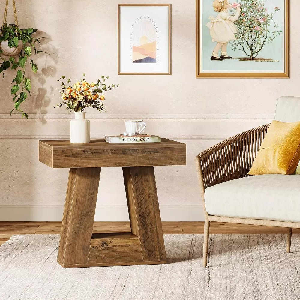 Aranya Solid Wood Square Side Table – Rustic Natural Wood Accent Table with Geometric Base - DOBRI ARTS AU