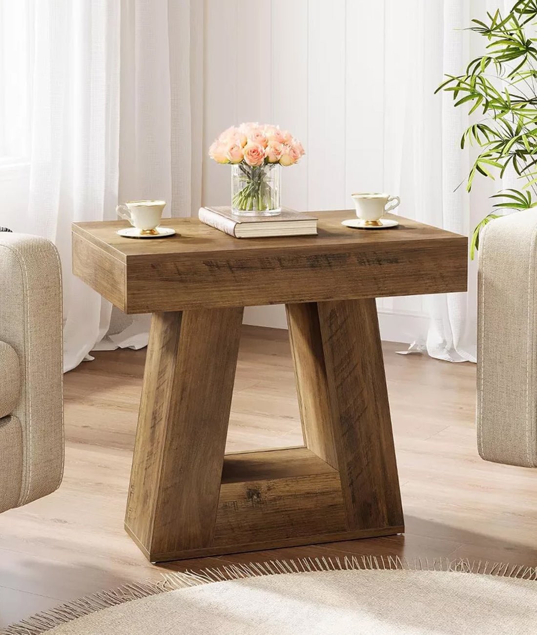 Aranya Solid Wood Square Side Table – Rustic Natural Wood Accent Table with Geometric Base - DOBRI ARTS AU