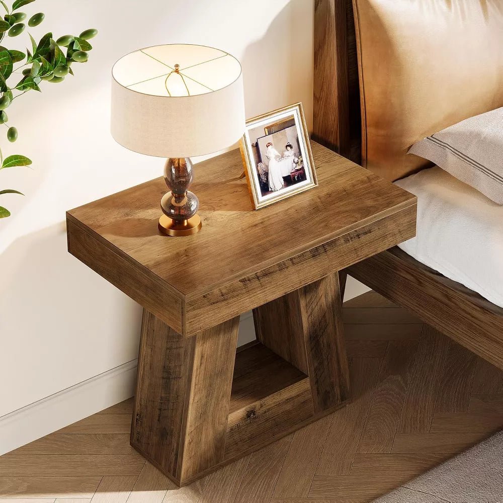 Aranya Solid Wood Square Side Table – Rustic Natural Wood Accent Table with Geometric Base - DOBRI ARTS AU
