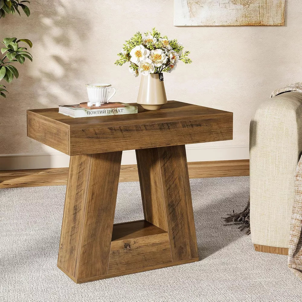 Aranya Solid Wood Square Side Table – Rustic Natural Wood Accent Table with Geometric Base - DOBRI ARTS AU