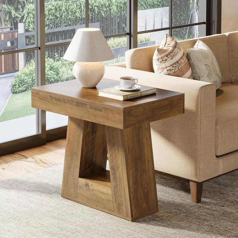 Aranya Solid Wood Square Side Table – Rustic Natural Wood Accent Table with Geometric Base - DOBRI ARTS AU