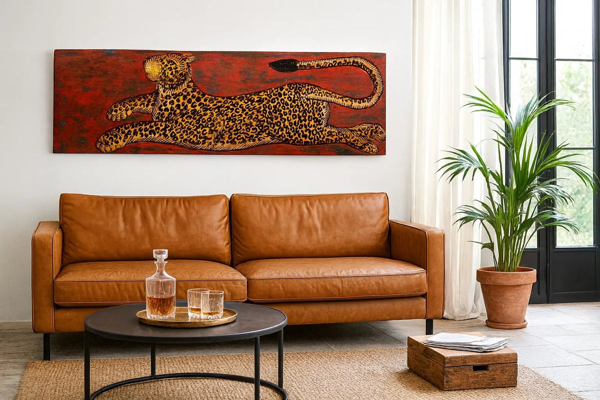 Arbuda Hand-Painted Leopard Teak Wood Panel - DOBRI ARTS AU