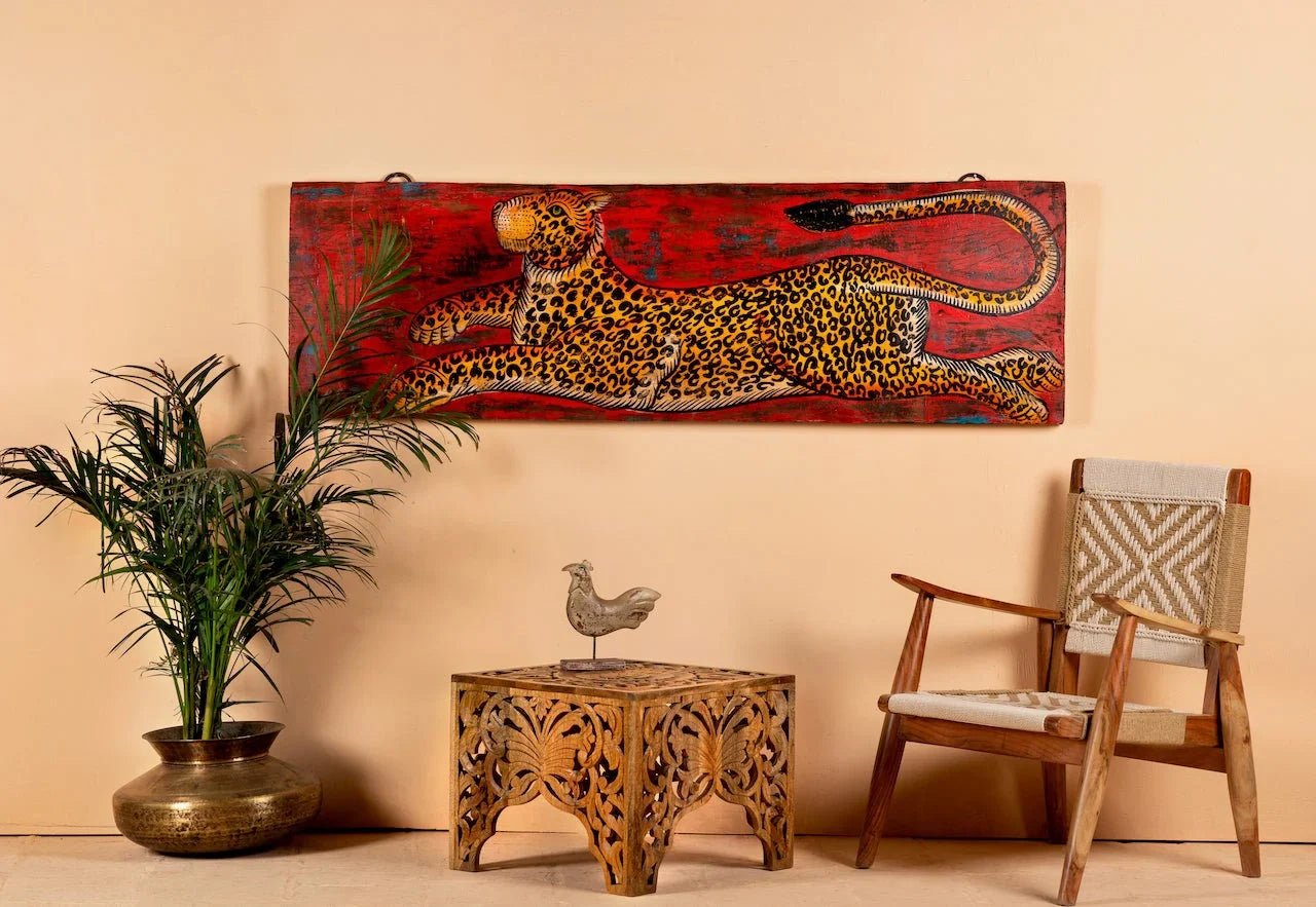 Arbuda Hand-Painted Leopard Teak Wood Panel - DOBRI ARTS AU