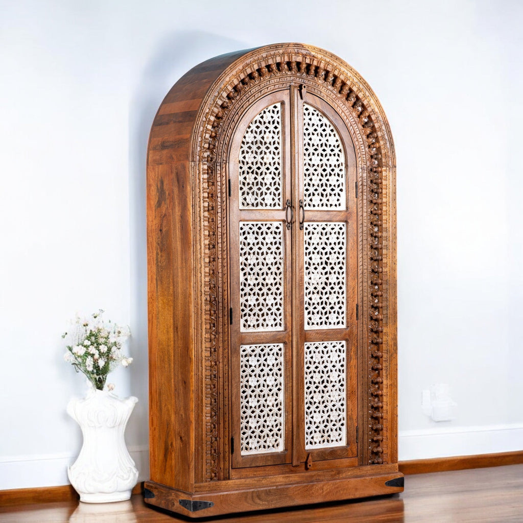 Arched Jali Panel Hand-Carved Wooden Storage Cabinet - DOBRI ARTS AU