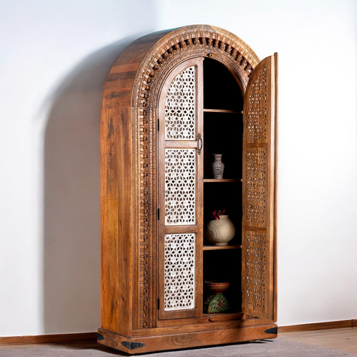 Arched Jali Panel Hand-Carved Wooden Storage Cabinet - DOBRI ARTS AU