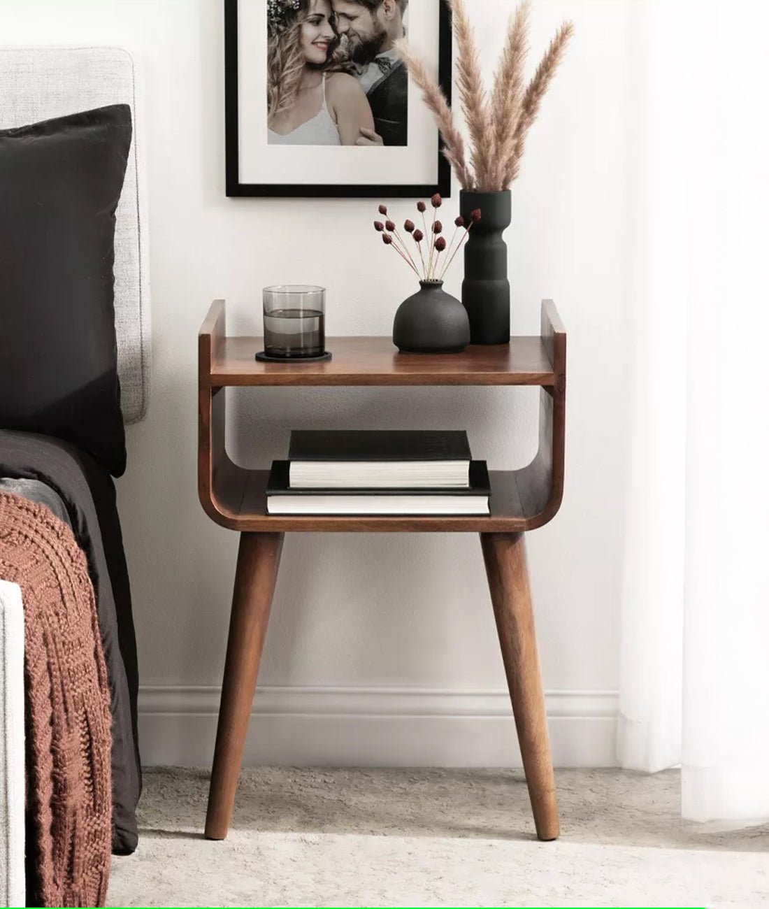 Aria Walnut Brown Solid Wood Side Table – Mid Century Modern End Table, Bedside Nightstand & Two-Tier Accent Table - DOBRI ARTS AU