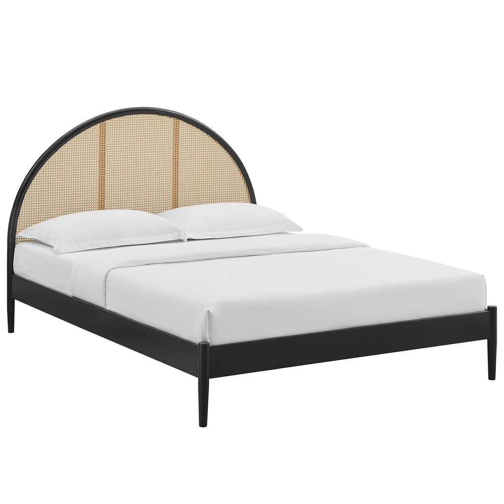 Arlina Charcoal Black Rattan Bed – Solid Wood Arch Headboard Bed Frame with Natural Woven Cane - DOBRI ARTS AU