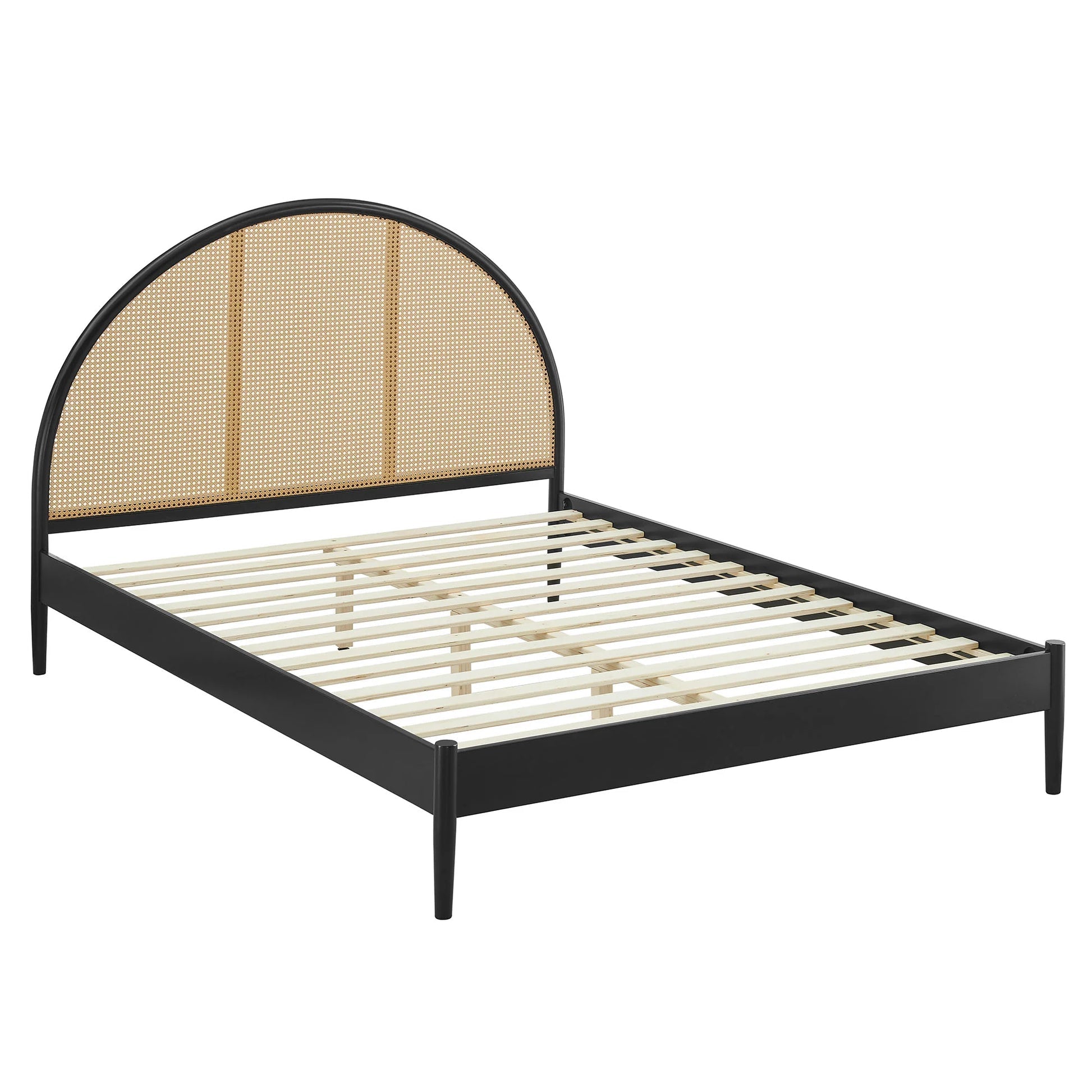 Arlina Charcoal Black Rattan Bed – Solid Wood Arch Headboard Bed Frame with Natural Woven Cane - DOBRI ARTS AU