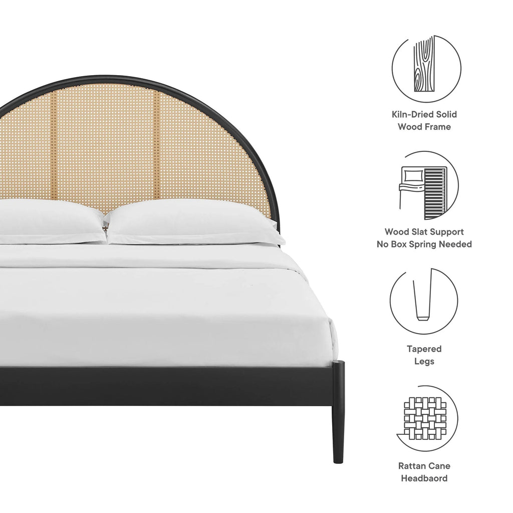 Arlina Charcoal Black Rattan Bed – Solid Wood Arch Headboard Bed Frame with Natural Woven Cane - DOBRI ARTS AU
